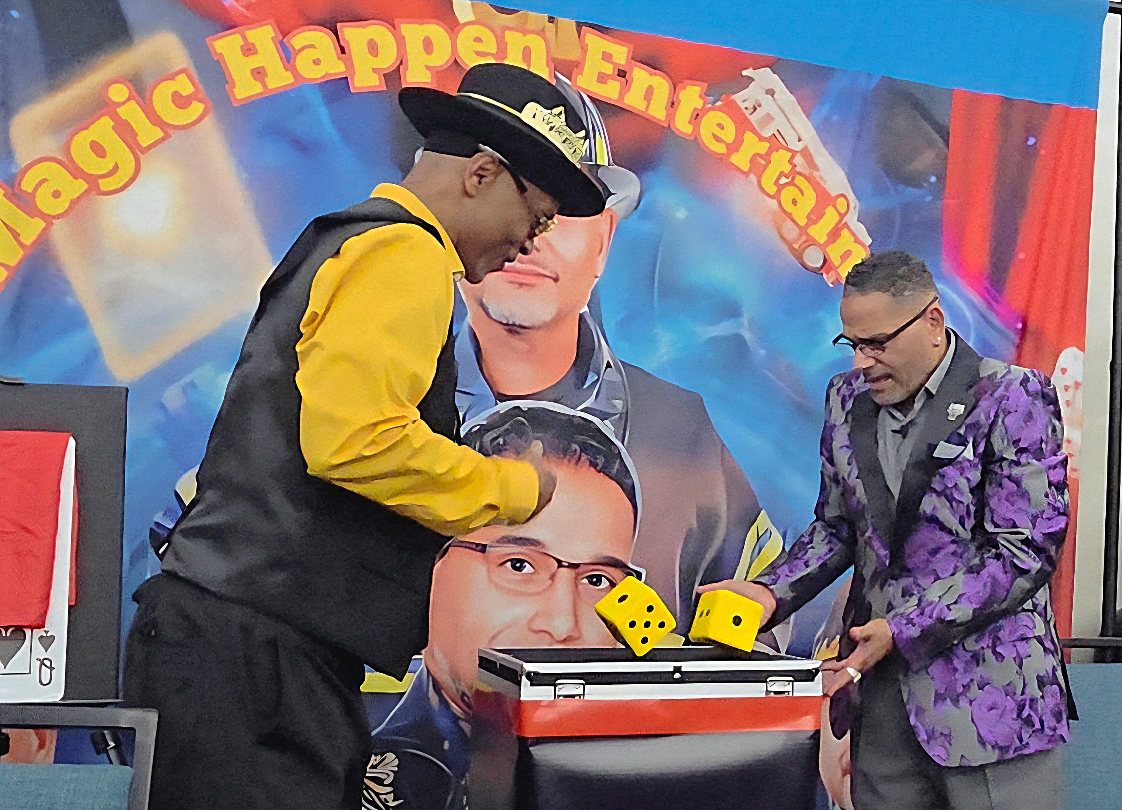 C. Magic and guest performing dice trick on stage